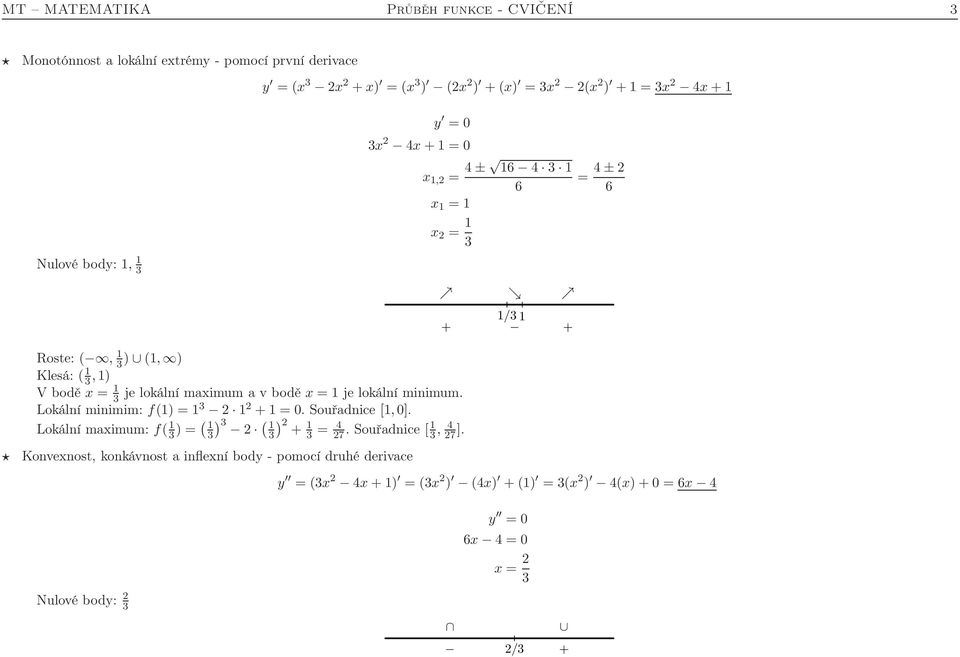 minimum. Lokální minimim: f() = 3 2 2 + = 0. Souřadnice [,0]. Lokální maimum: f( 3 ) = ( 3 3) 2 ( ) 2 3 + 3 = 4 27. Souřadnice [ 3, 4 27 ].