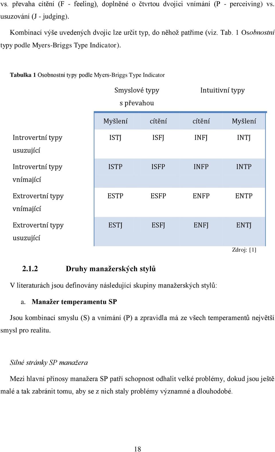 Tabulka 1 Osobnostní typy podle Myers-Briggs Type Indicator Smyslové typy s převahou Intuitivní typy Myšlení cítění cítění Myšlení Introvertní typy usuzující Introvertní typy vnímající Extrovertní