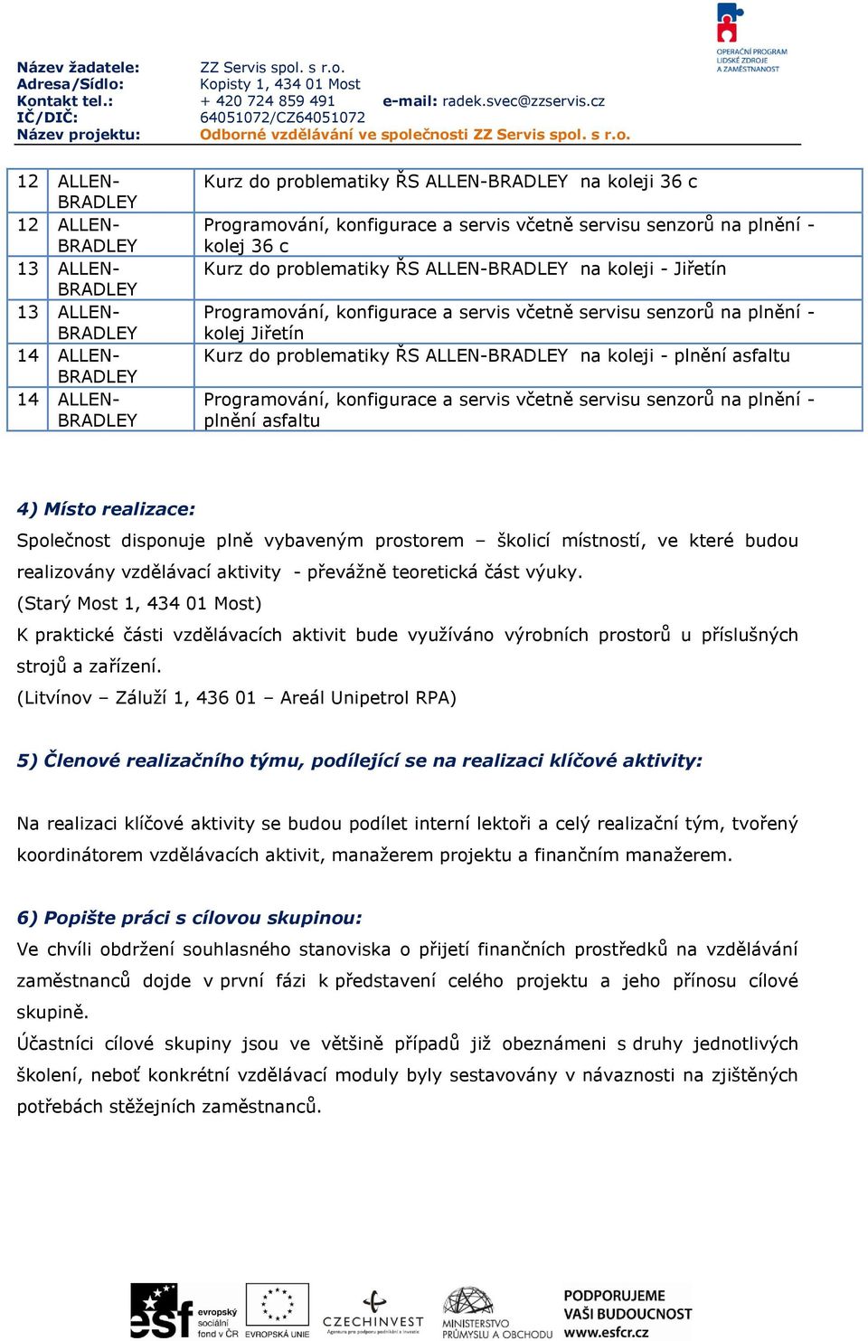 konfigurace a servis včetně servisu senzorů na plnění - plnění asfaltu 4) Místo realizace: Společnost disponuje plně vybaveným prostorem školicí místností, ve které budou realizovány vzdělávací