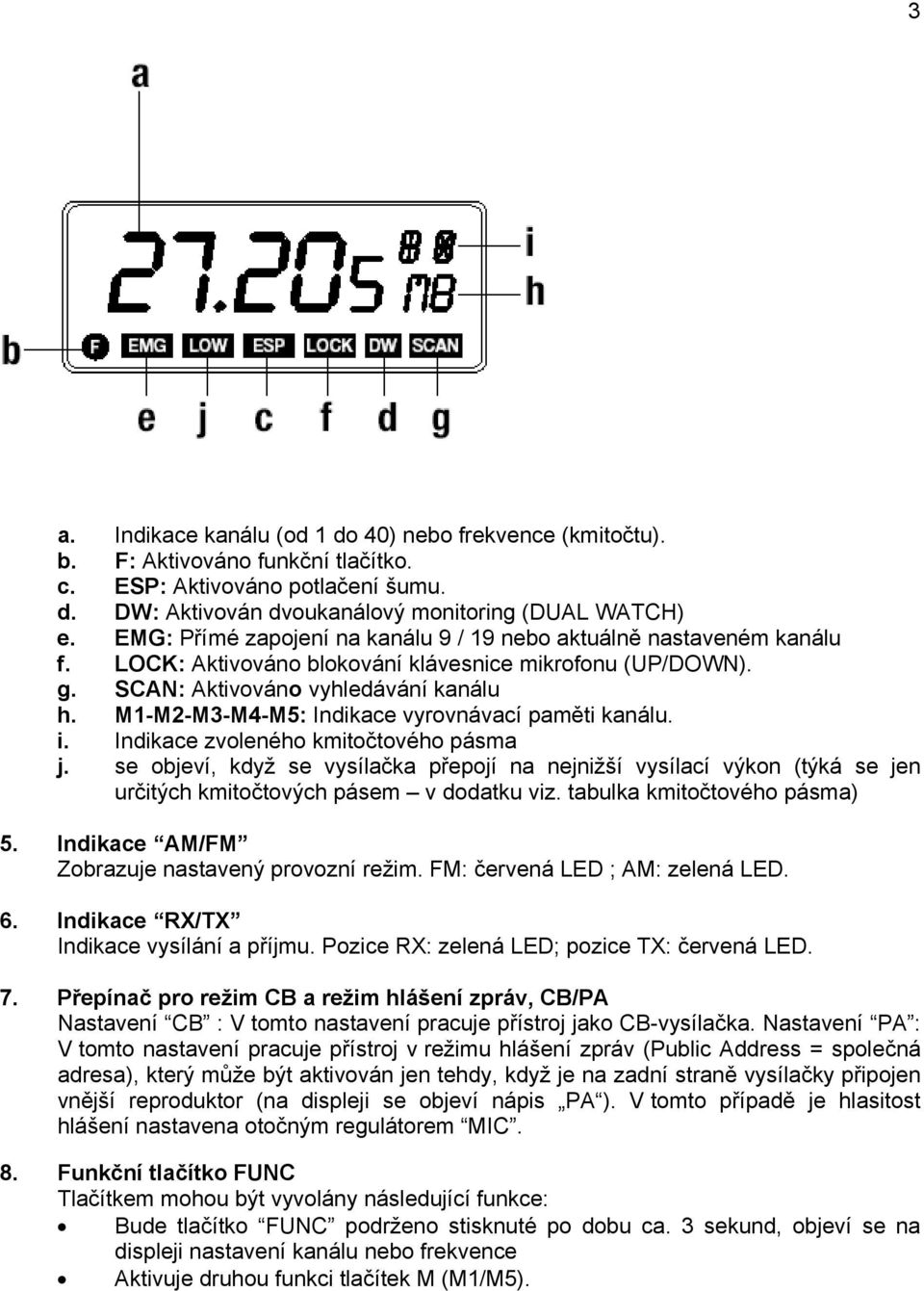 M1-M2-M3-M4-M5: Indikace vyrovnávací paměti kanálu. i. Indikace zvoleného kmitočtového pásma j.