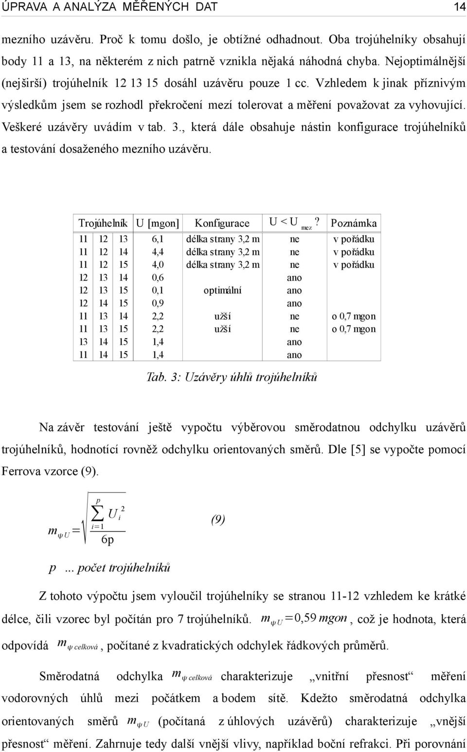 Veškeré uzávěry uvádím v tab. 3., která dále obsahuje nástin konfigurace trojúhelníků a testování dosaženého mezního uzávěru.