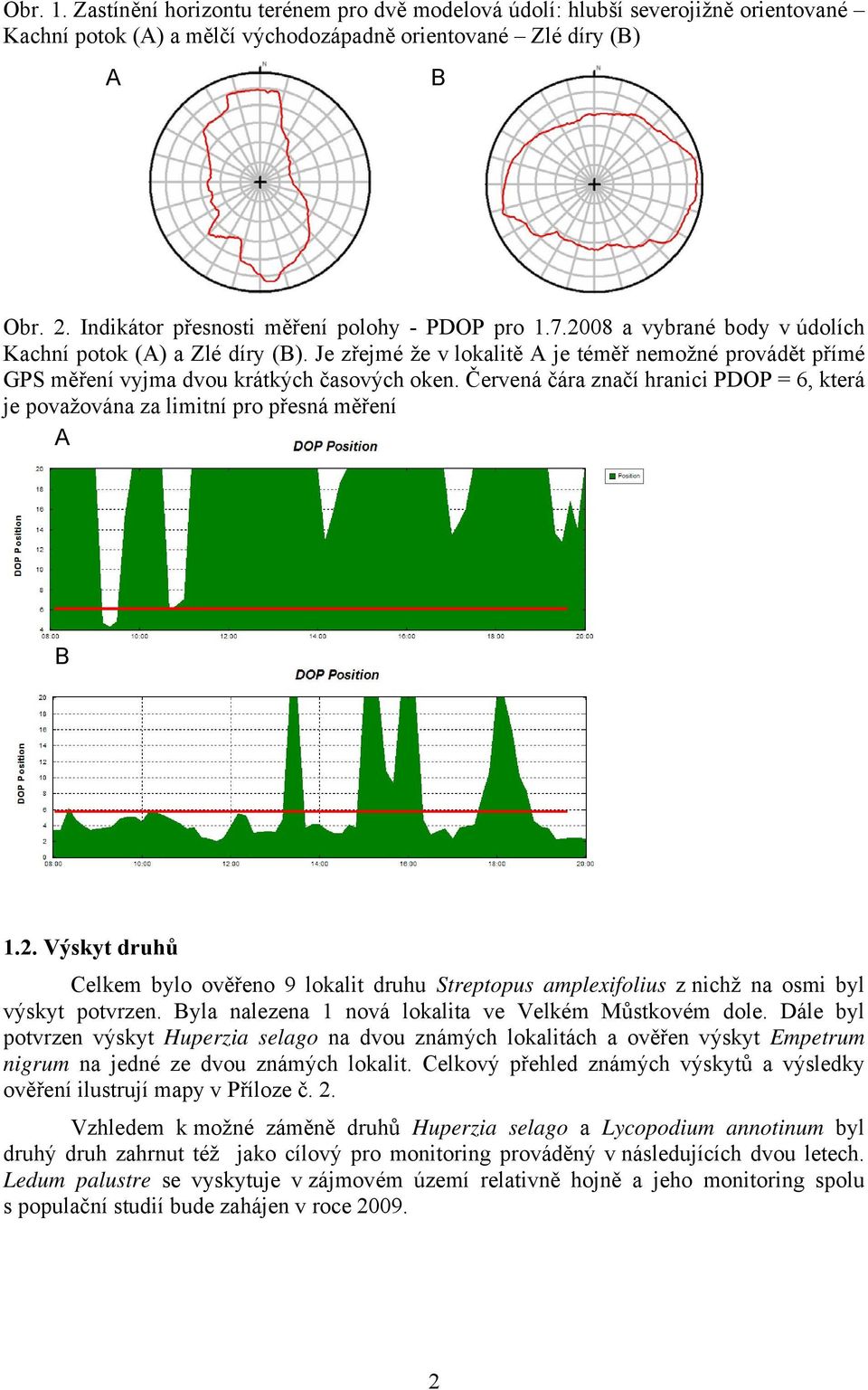 Je zřejmé že v lokalitě A je téměř nemožné provádět přímé GPS měření vyjma dvou krátkých časových oken. Červená čára značí hranici PDOP = 6, která je považována za limitní pro přesná měření A B 1.2.