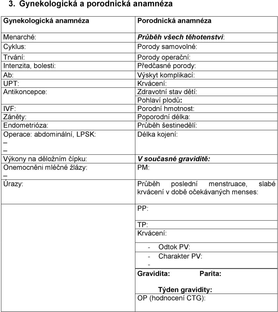 Průběh šestinedělí: Délka kojení: IVF: Záněty: Endometrióza: Operace: abdominální, LPSK: Výkony na děložním čípku: V současné graviditě: Onemocněni mléčné žlázy: PM: