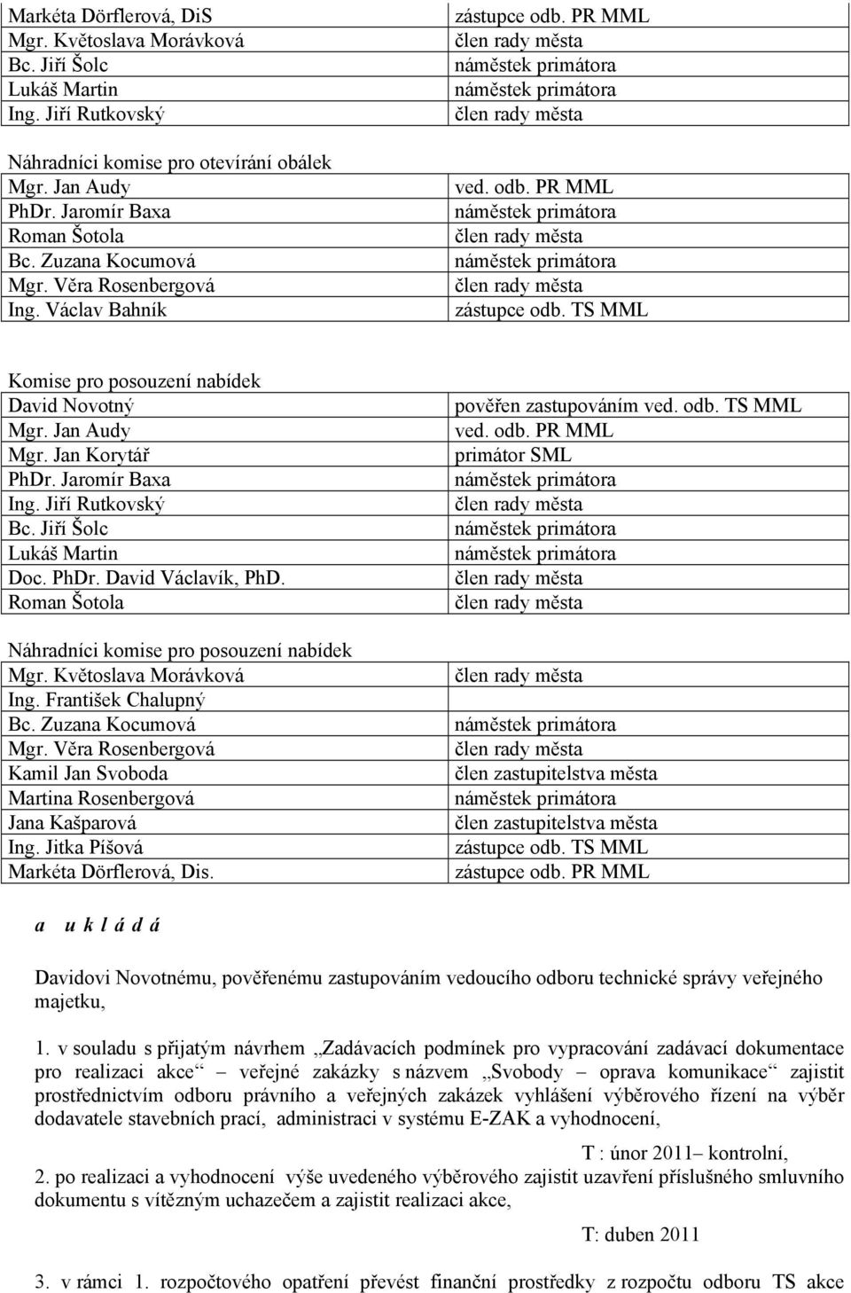 Jaromír Baxa Ing. Jiří Rutkovský Bc. Jiří Šolc Lukáš Martin Doc. PhDr. David Václavík, PhD. Roman Šotola Náhradníci komise pro posouzení nabídek Mgr. Květoslava Morávková Ing. František Chalupný Bc.