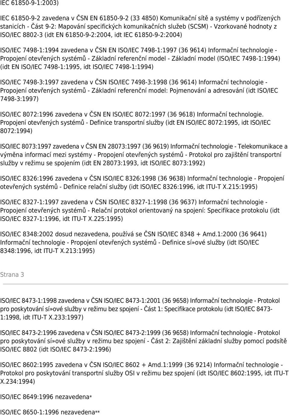 Základní referenční model - Základní model (ISO/IEC 7498-1:1994) (idt EN ISO/IEC 7498-1:1995, idt ISO/IEC 7498-1:1994) ISO/IEC 7498-3:1997 zavedena v ČSN ISO/IEC 7498-3:1998 (36 9614) Informační