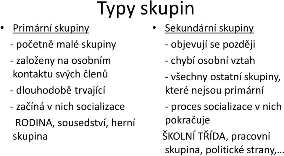 skupiny - objevují se později - chybí osobní vztah - všechny ostatní skupiny, které nejsou