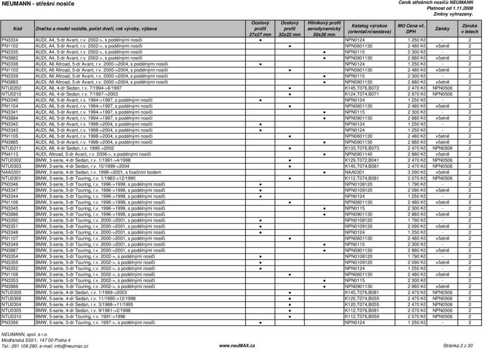 v. 2000->2004, s podélnými nosiči NPN0601130 2 480 Kč včetně 2 PN3339 AUDI, A6 Allroad, 5-dr Avant, r.v. 2000->2004, s podélnými nosiči NPN0115 2 300 Kč - 2 PN3883 AUDI, A6 Allroad, 5-dr Avant, r.v. 2000->2004, s podélnými nosiči NPN0901130 2 880 Kč včetně 2 NTU0202 AUDI, A6, 4-dr Sedan, r.