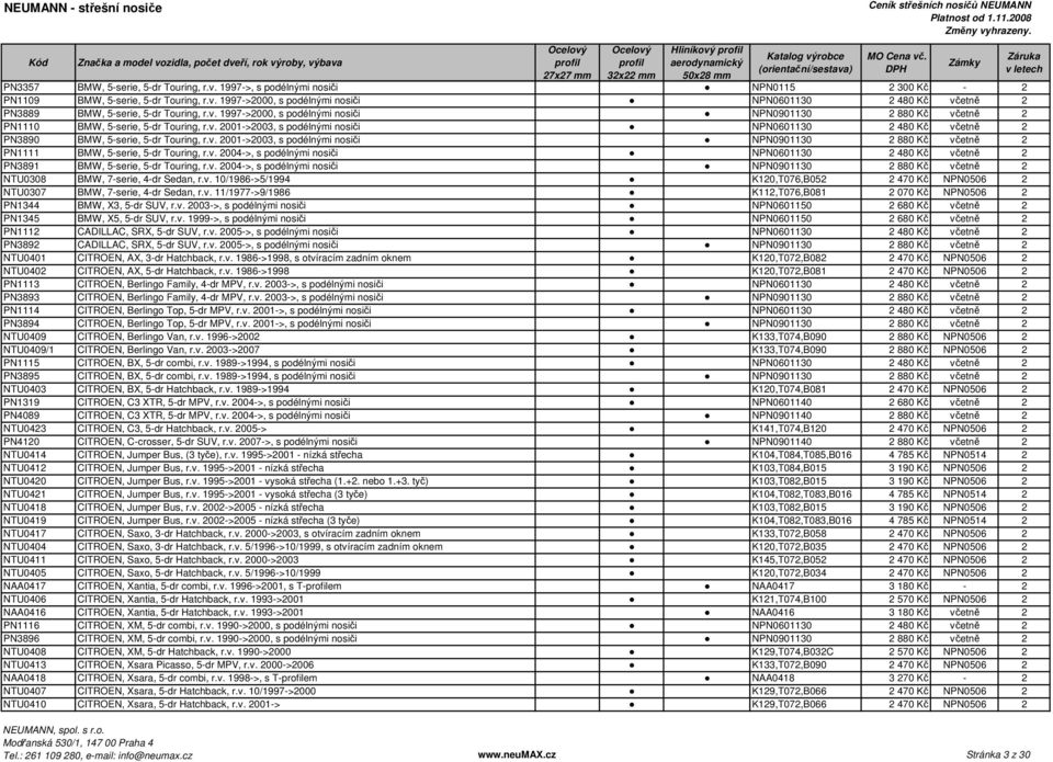 v. 2001->2003, s podélnými nosiči NPN0901130 2 880 Kč včetně 2 PN1111 BMW, 5-serie, 5-dr Touring, r.v. 2004->, s podélnými nosiči NPN0601130 2 480 Kč včetně 2 PN3891 BMW, 5-serie, 5-dr Touring, r.v. 2004->, s podélnými nosiči NPN0901130 2 880 Kč včetně 2 NTU0308 BMW, 7-serie, 4-dr Sedan, r.