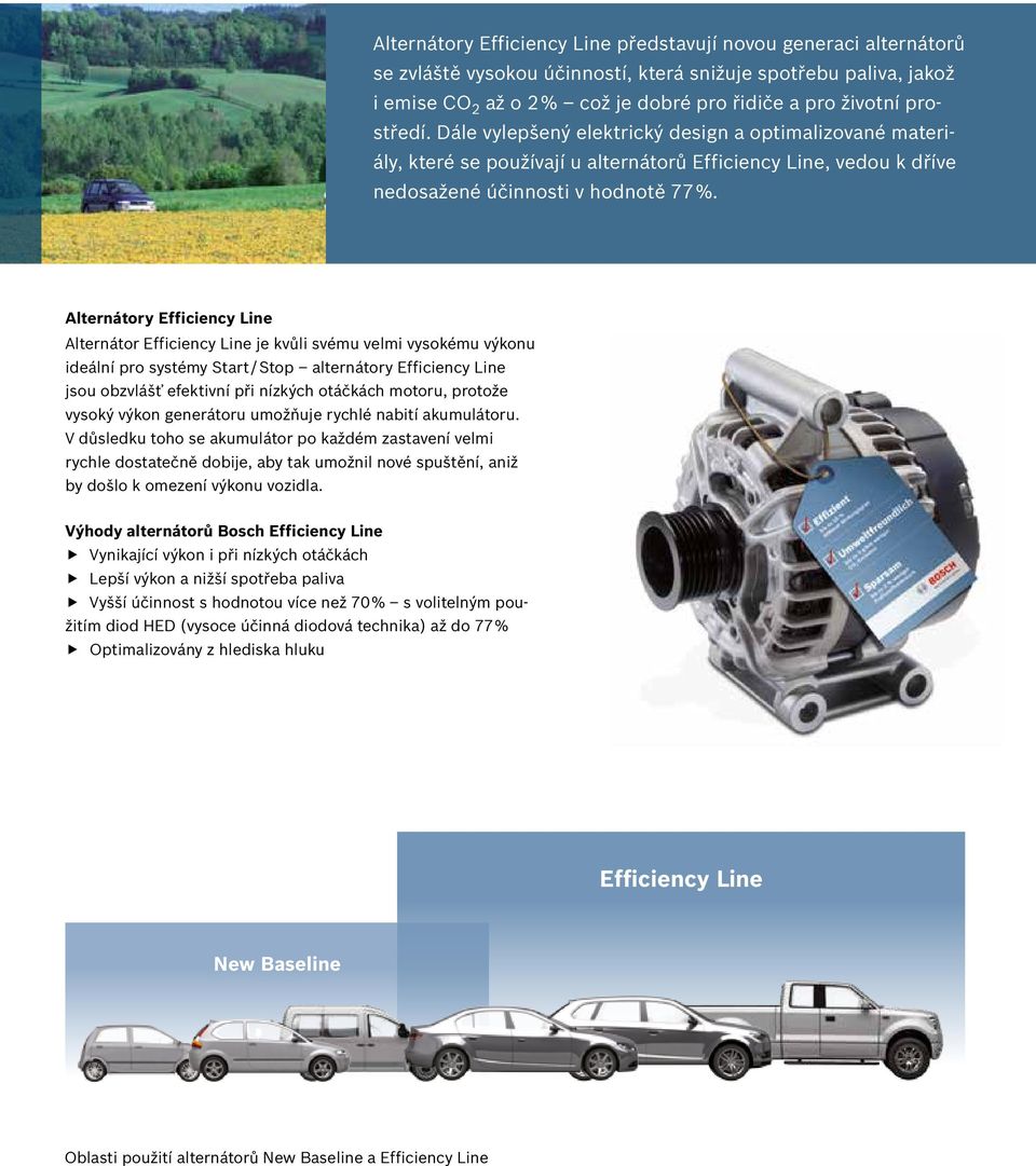 Alternátory Efficiency Line Alternátor Efficiency Line je kvůli svému velmi vysokému výkonu ideální pro systémy Start/Stop alternátory Efficiency Line jsou obzvlášť efektivní při nízkých otáčkách