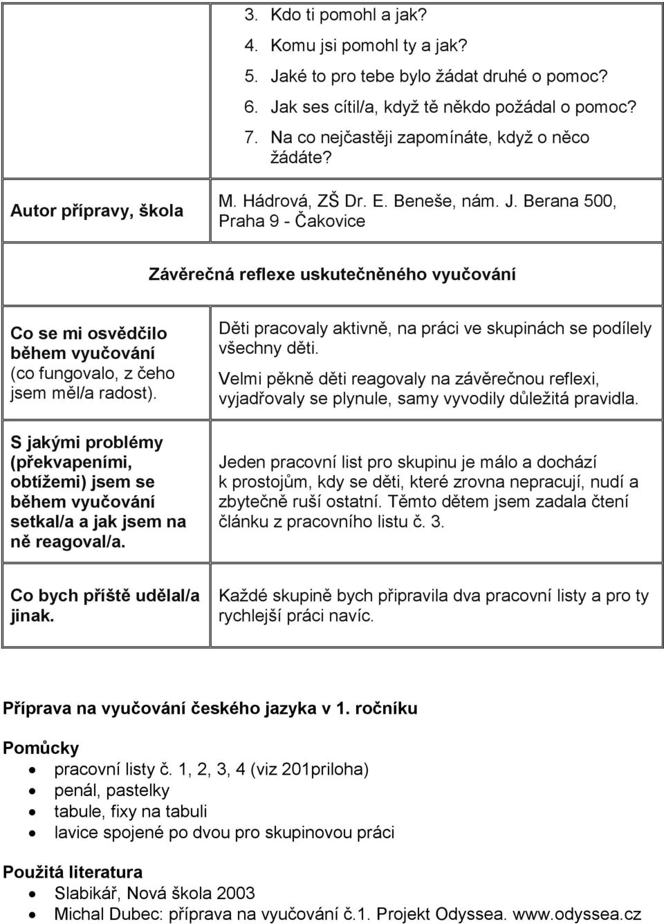 Berana 500, Praha 9 - Čakovice Závěrečná reflexe uskutečněného vyučování Co se mi osvědčilo během vyučování (co fungovalo, z čeho jsem měl/a radost).