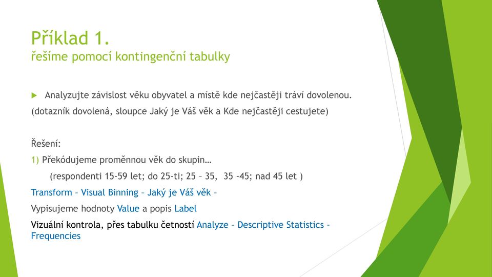 věk do skupin (respondenti 15-59 let; do 25-ti; 25 35, 35-45; nad 45 let ) Transform Visual Binning Jaký