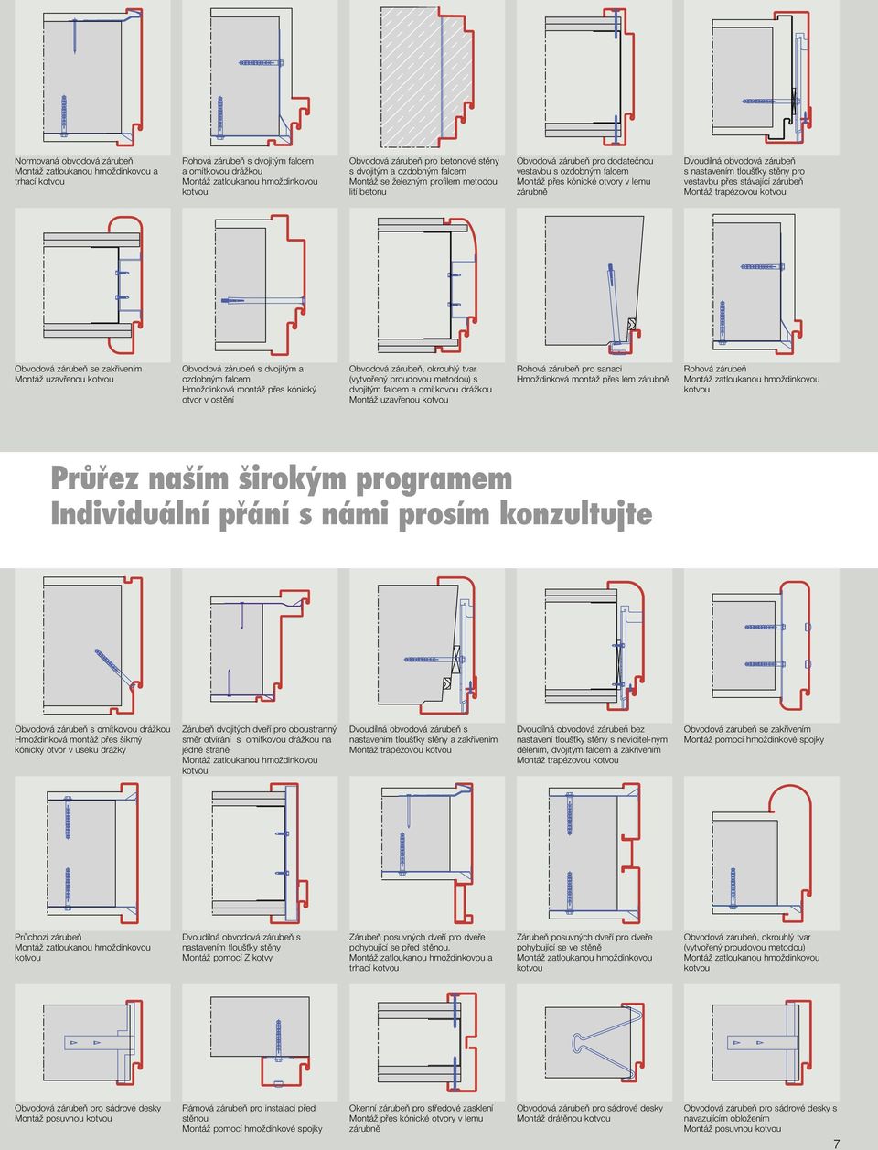 Montáž trapézovou Obvodová zárubeň se zakřivením Montáž uzavřenou Obvodová zárubeň s dvojitým a ozdobným falcem Hmoždinková montáž přes kónický otvor v ostění Obvodová zárubeň, okrouhlý tvar