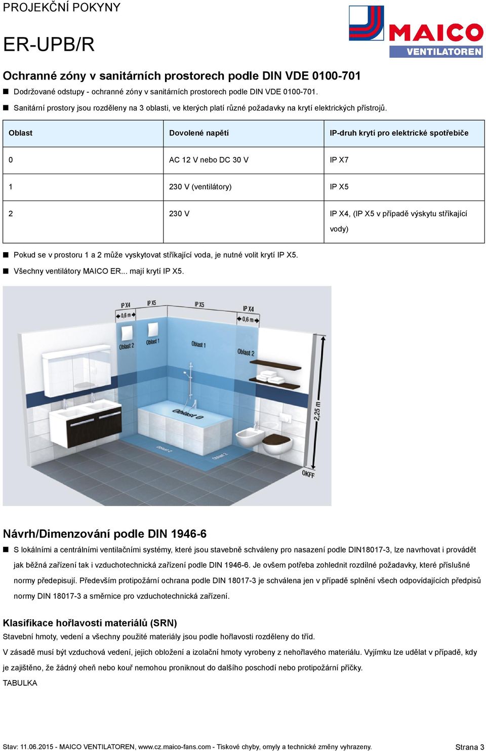 Oblast Dovolené napětí IP-druh krytí pro elektrické spotřebiče 0 AC 12 V nebo DC 30 V IP X7 1 230 V (ventilátory) IP X5 2 230 V IP X4, (IP X5 v případě výskytu stříkající vody) Pokud se v prostoru 1