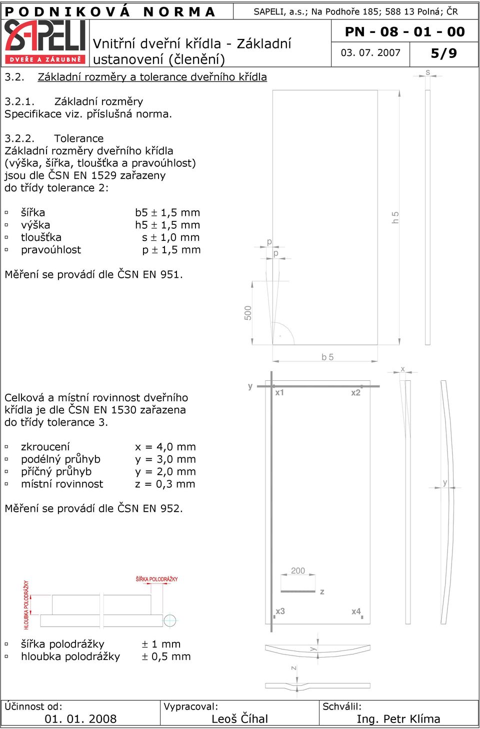 p p h 5 y b 5 x y x1 x2 y 200 z x3 x4 z 500 y Celková a místní rovinnost dveřního křídla je dle ČSN EN 1530 zařazena do třídy tolerance 3.