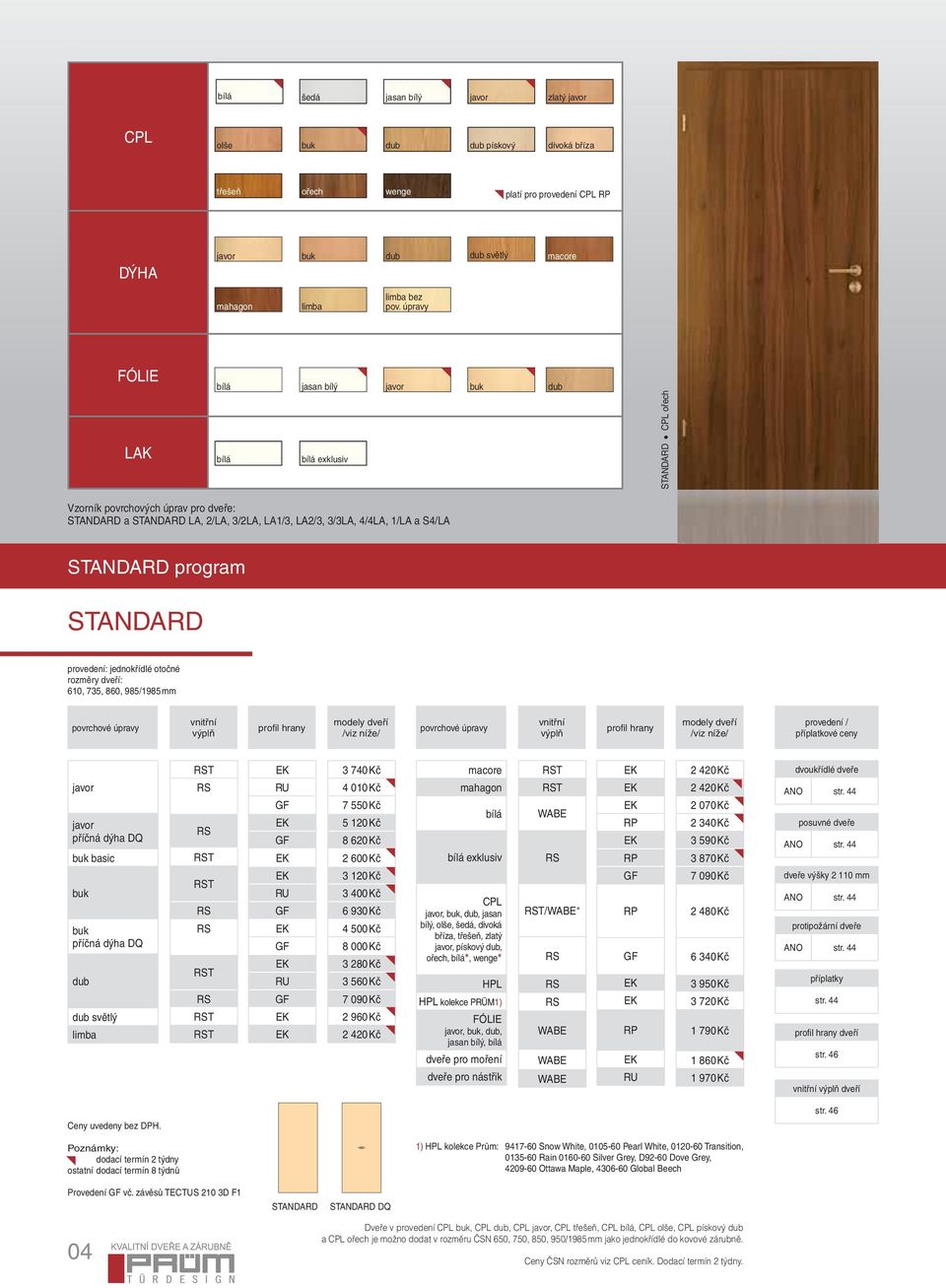 STANDARD provedení: jednokřídlé otočné 610, 735, 860, 985/1985 mm povrchové úpravy vnitřní výplň profi l hrany modely dveří /viz níže/ povrchové úpravy vnitřní výplň profi l hrany modely dveří /viz