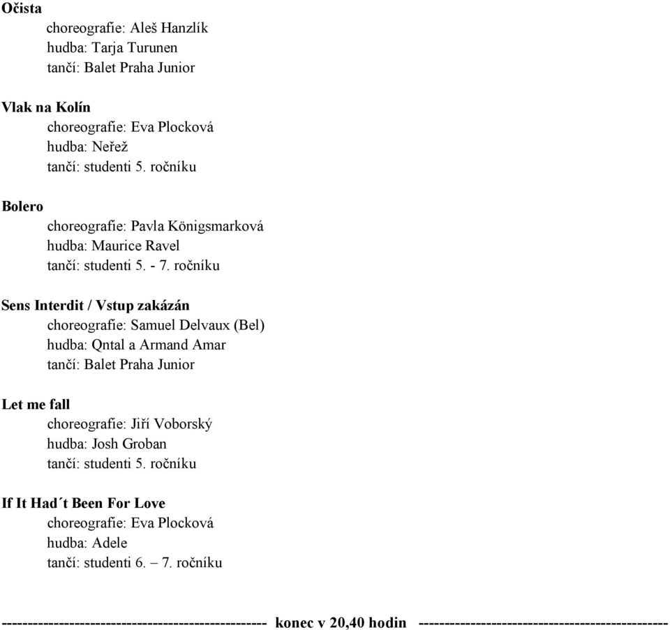 ročníku Sens Interdit / Vstup zakázán choreografie: Samuel Delvaux (Bel) hudba: Qntal a Armand Amar tančí: Balet Praha Junior Let me fall choreografie: Jiří Voborský