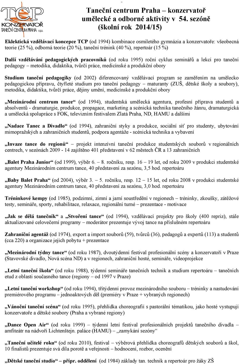 repertoár (15 %) Další vzdělávání pedagogických pracovníků (od roku 1995) roční cyklus seminářů a lekcí pro taneční pedagogy metodika, didaktika, tvůrčí práce, medicínské a produkční obory Studium