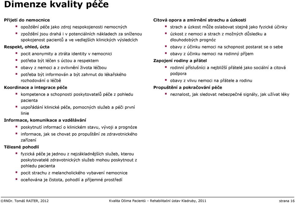 lékařského rozhodování o léčbě Koordinace a integrace péče kompetence a schopnosti poskytovatelůpéče z pohledu pacienta uspořádání klinické péče, pomocných služeb a péči první linie Informace,