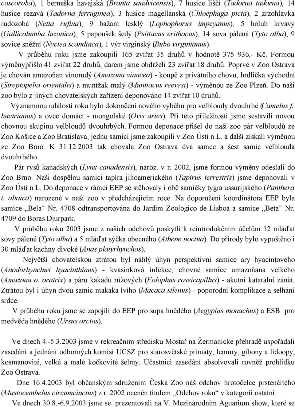 virginský (Bubo virginianus). V průběhu roku jsme zakoupili 165 zvířat 35 druhů v hodnotě 375 936,- Kč. Formou výměnypřišlo 41 zvířat 22 druhů, darem jsme obdrželi 23 zvířat 18 druhů.