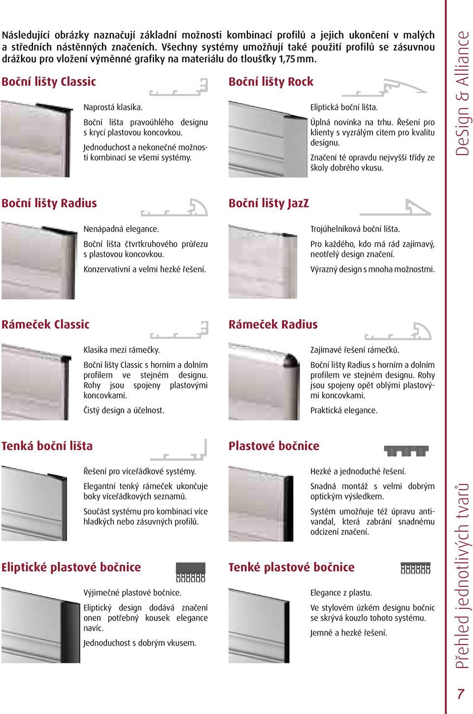 Boční lišty Classic Boční lišty Radius Rámeček Classic Tenká boční lišta Eliptické plastové bočnice Naprostá klasika. Boční lišta pravoúhlého designu s krycí plastovou koncovkou.