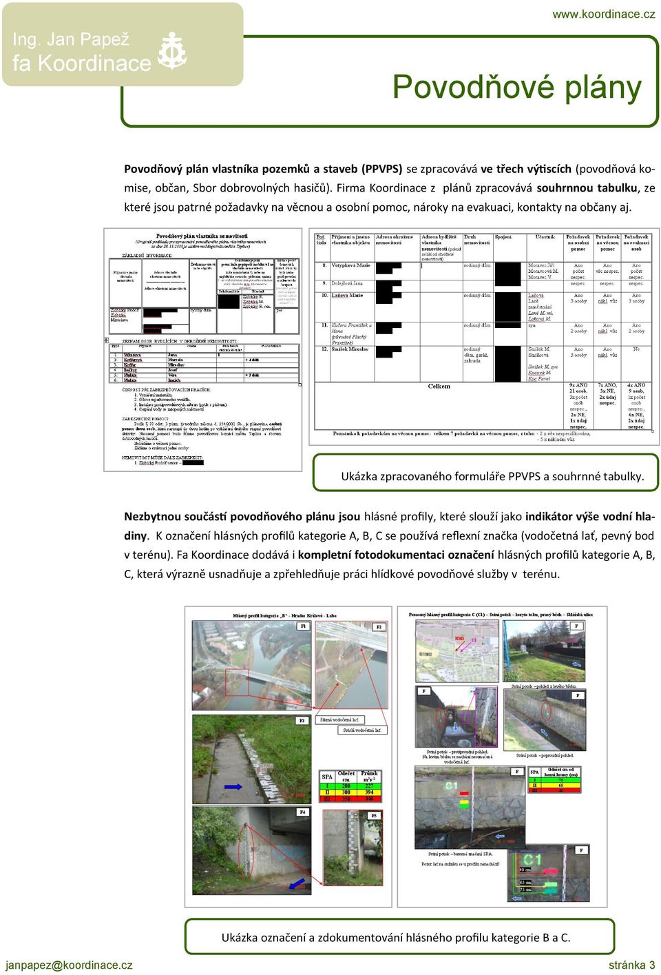 Ukázka zpracovaného formuláře PPVPS a souhrnné tabulky. Nezbytnou součástí povodňového plánu jsou hlásné profily, které slouží jako indikátor výše vodní hladiny.