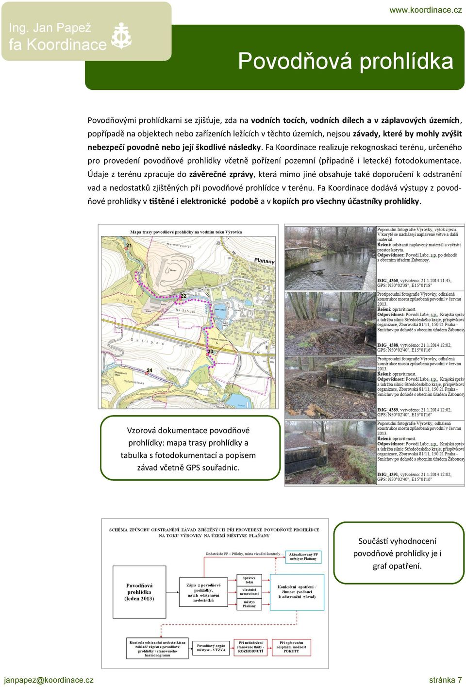 Fa Koordinace realizuje rekognoskaci terénu, určeného pro provedení povodňové prohlídky včetně pořízení pozemní (případně i letecké) fotodokumentace.