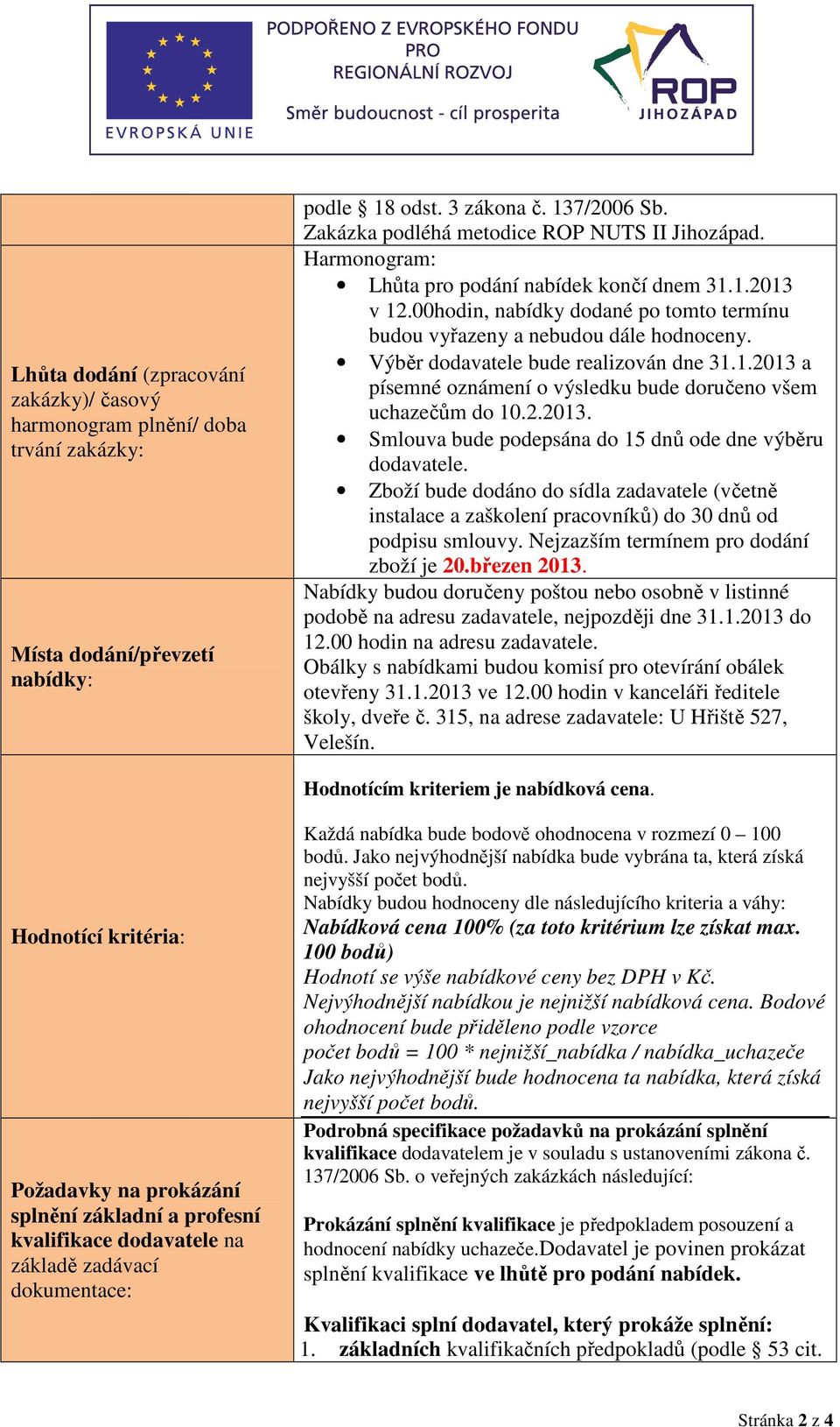 Výběr dodavatele bude realizován dne 31.1.2013 a písemné oznámení o výsledku bude doručeno všem uchazečům do 10.2.2013. Smlouva bude podepsána do 15 dnů ode dne výběru dodavatele.