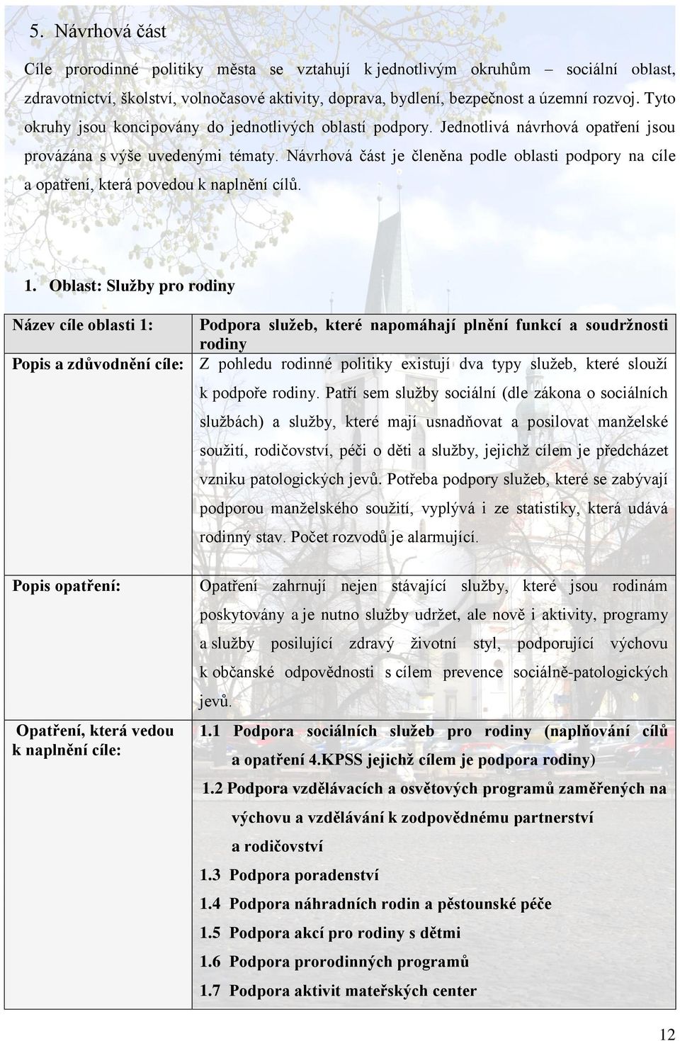 Návrhová část je členěna podle oblasti podpory na cíle a opatření, která povedou k naplnění cílů. 1.