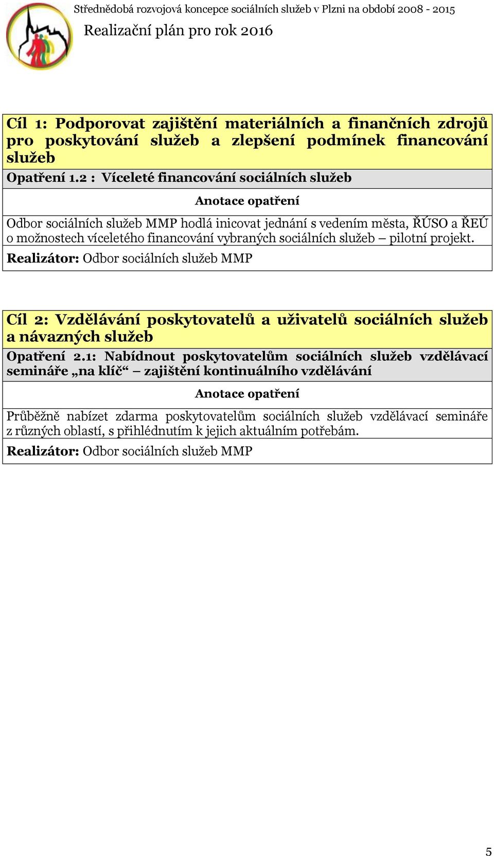 pilotní projekt. Realizátor: Odbor sociálních služeb MMP Cíl 2: Vzdělávání poskytovatelů a uživatelů sociálních služeb a návazných služeb Opatření 2.