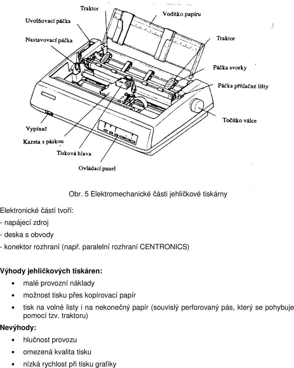 paralelní rozhraní CENTRONICS) Výhody jehličkových tiskáren: malé provozní náklady možnost tisku přes