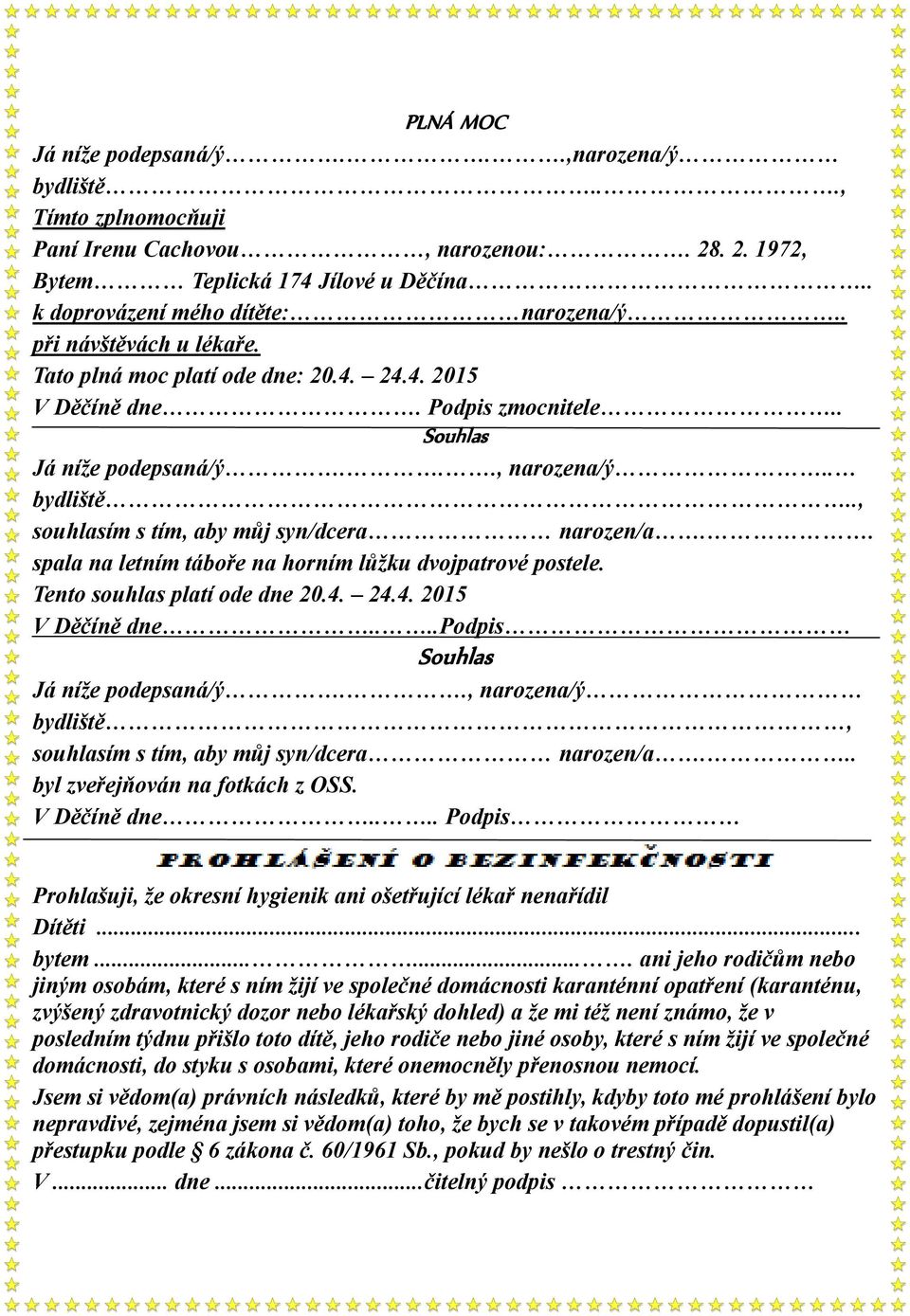 ., souhlasím s tím, aby můj syn/dcera narozen/a.. spala na letním táboře na horním lůžku dvojpatrové postele. Tento souhlas platí ode dne 20.4. 24.4. 2015 V Děčíně dne.