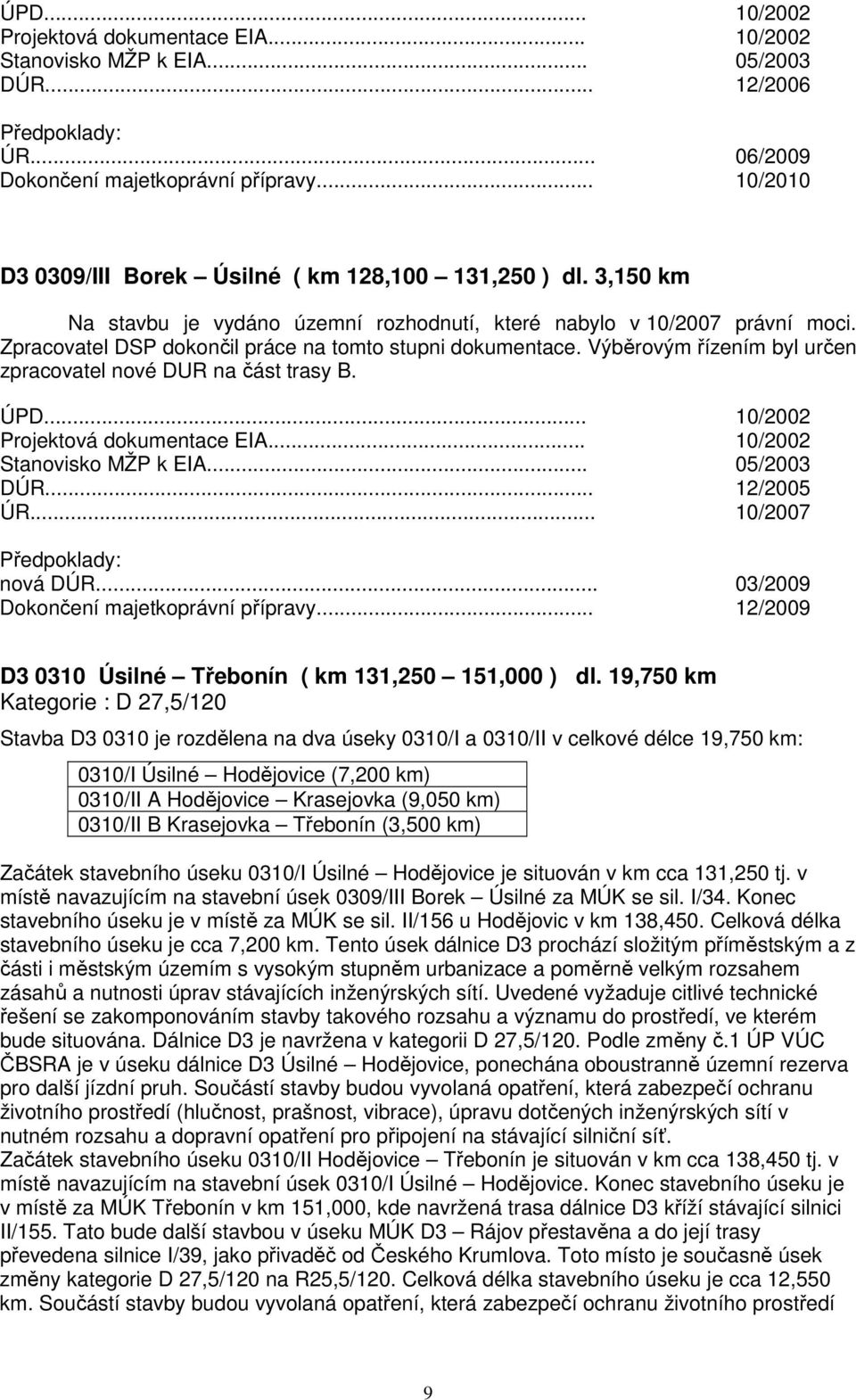 Zpracovatel DSP dokončil práce na tomto stupni dokumentace. Výběrovým řízením byl určen zpracovatel nové DUR na část trasy B. ÚPD... 10/2002 Projektová dokumentace EIA... 10/2002 Stanovisko MŽP k EIA.