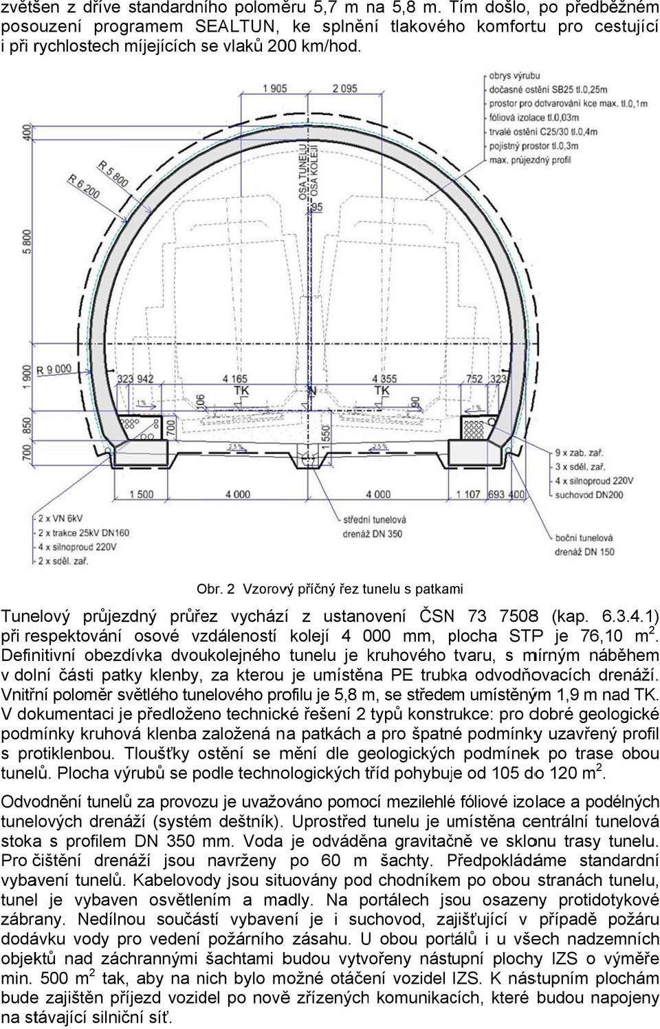 2 Vzorový příčný řez tunelu s patkami Tunelový průjezdný průřez vycházíí z ustanovení ČSNN 73 75088 (kap. 6.3.4.1) při respektování osové vzdáleností kolejí 4 000 mm, plocha p STPP je 76,10 m 2.