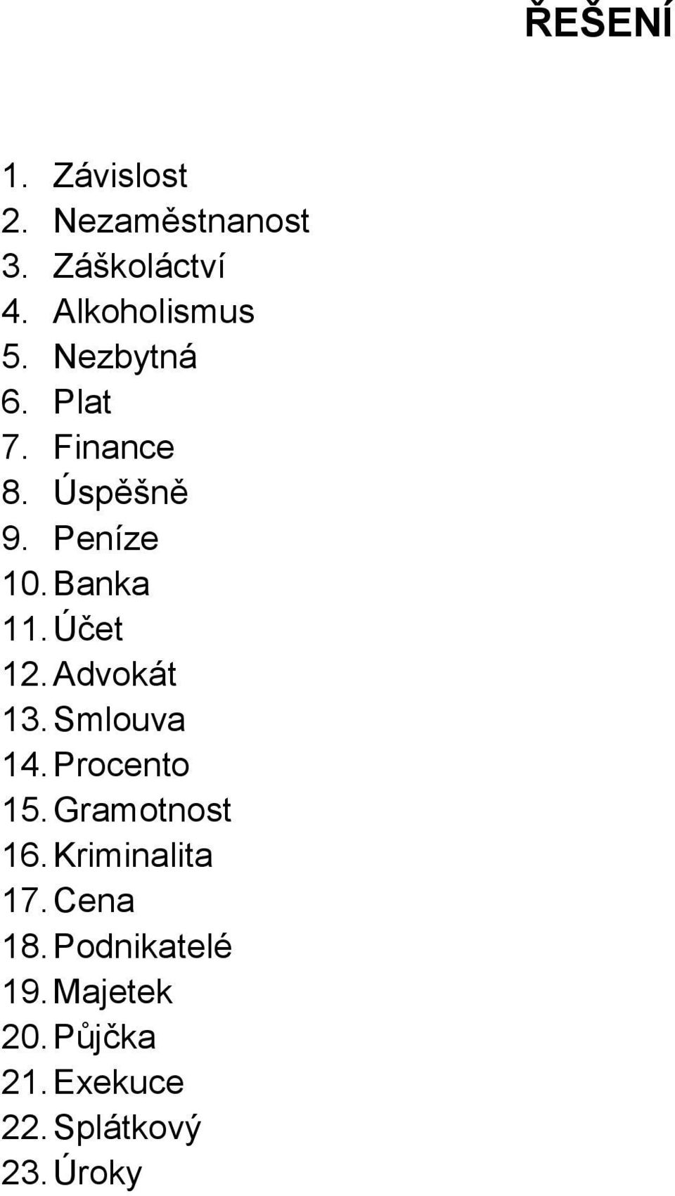 Advokát 13. Smlouva 14. Procento 15. Gramotnost 16. Kriminalita 17.