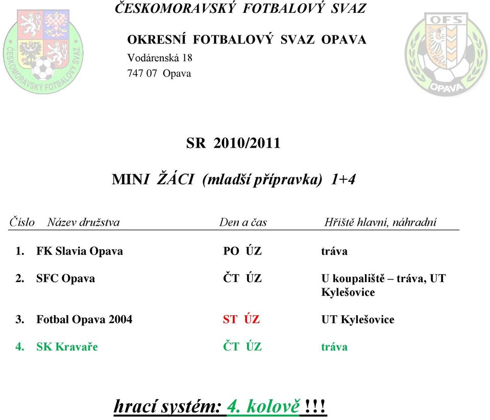 SFC Opava ČT ÚZ U koupaliště tráva, UT Kylešovice 3.