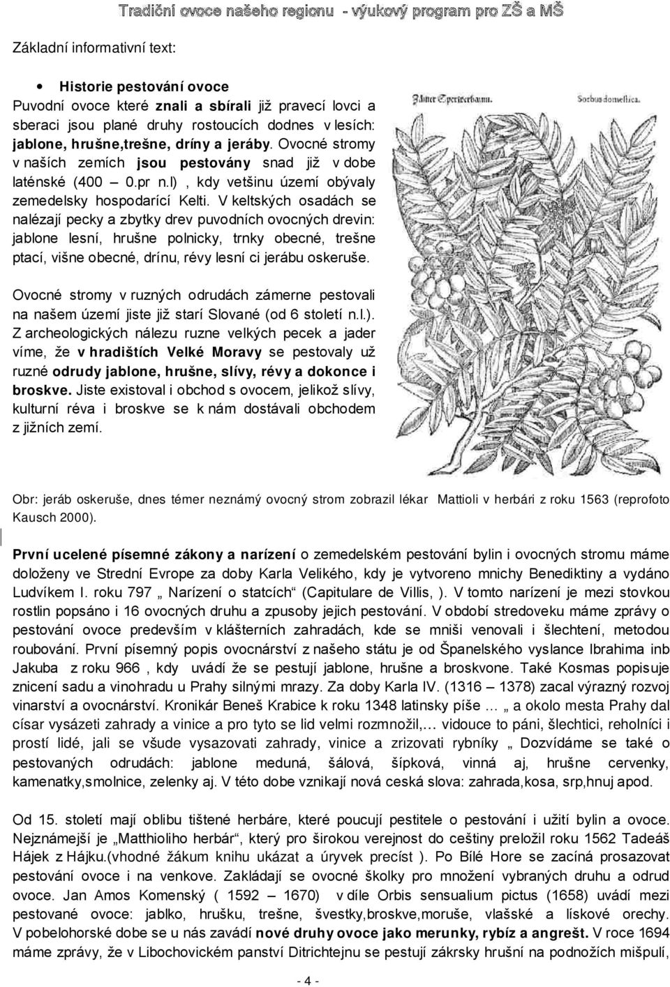 V keltských osadách se nalézají pecky a zbytky drev puvodních ovocných drevin: jablone lesní, hrušne polnicky, trnky obecné, trešne ptací, višne obecné, drínu, révy lesní ci jerábu oskeruše.