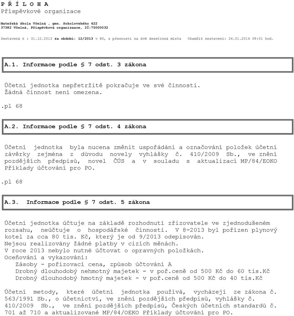 Žádná činnost není omezena. A.2. Informace podle 7 odst. 4 zákona Účetní jednotka byla nucena změnit uspořádání a označování položek účetní závěrky zejména z důvodu novely vyhlášky č. 410/2009 Sb.