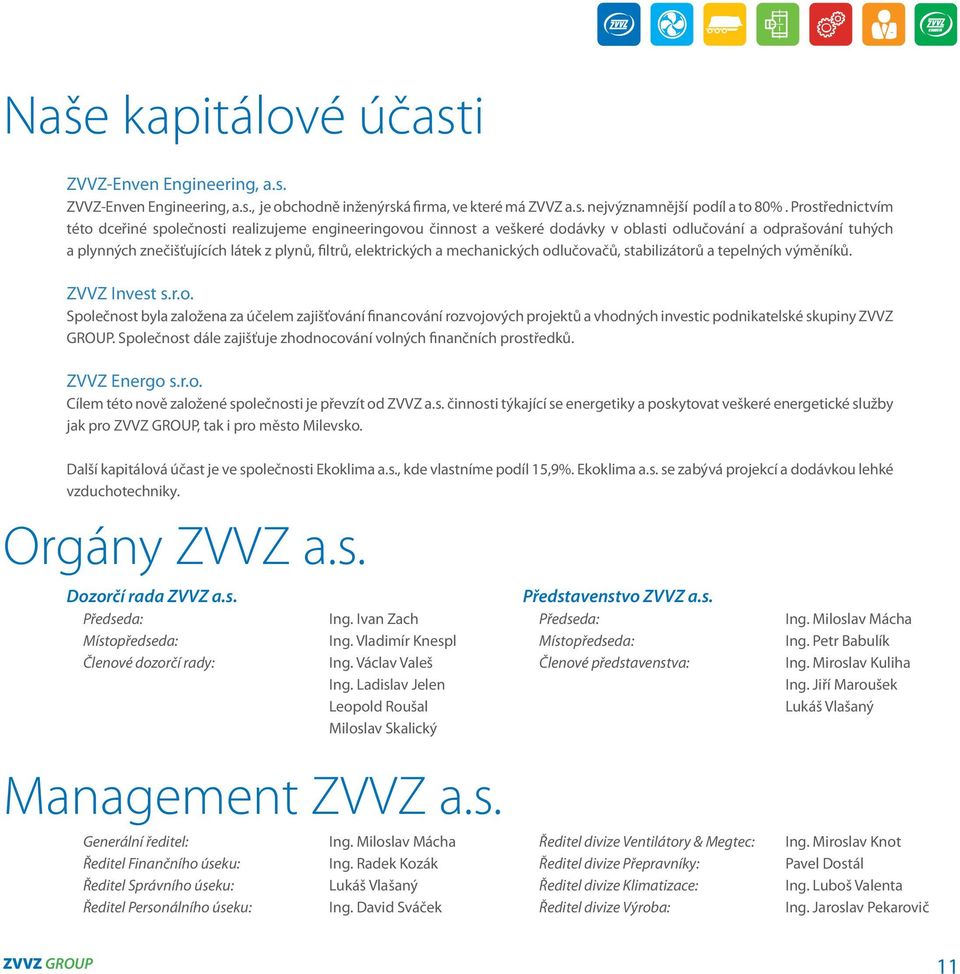 a mechanických odlučovačů, stabilizátorů a tepelných výměníků. ZVVZ Invest s.r.o. Společnost byla založena za účelem zajišťování financování rozvojových projektů a vhodných investic podnikatelské skupiny ZVVZ GROUP.