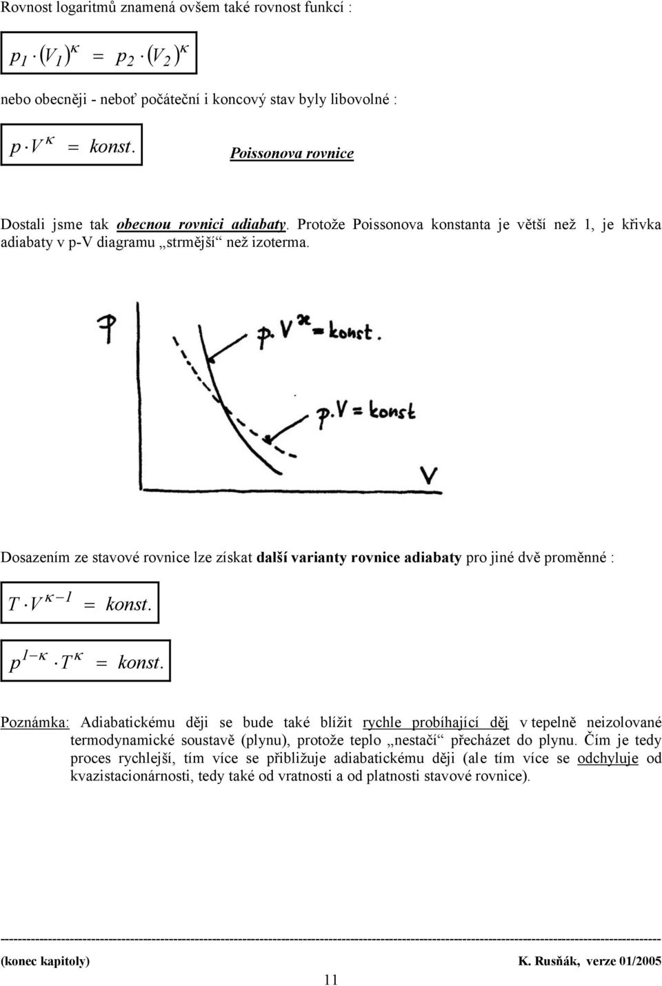 Dosazením ze stavové rovnice lze získat další varianty rovnice adiabaty ro jiné dvě roměnné : Poznámka: diabatickému ději se bude také blížit rychle robíhající děj v teelně neizolované termodynamické