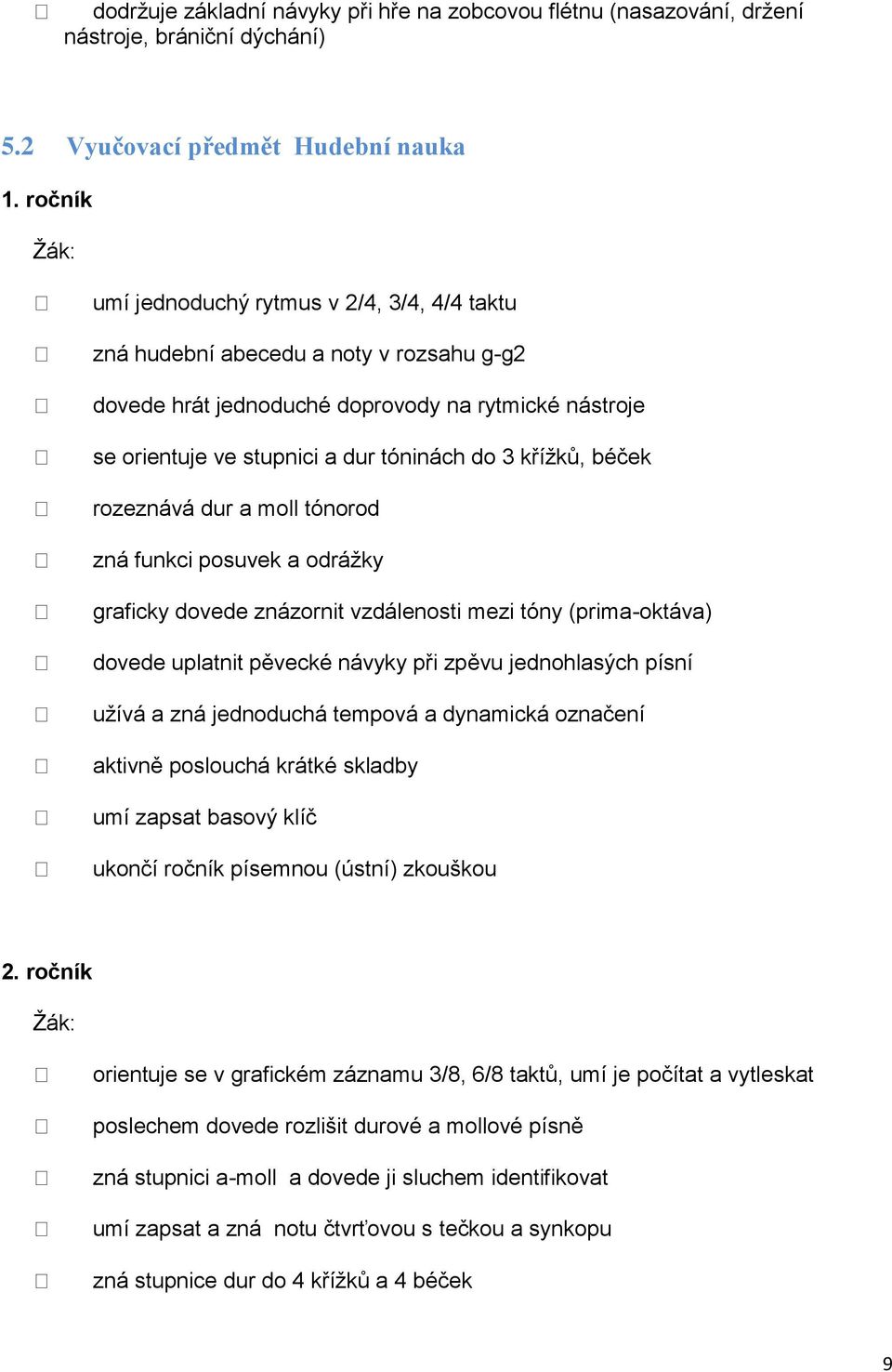 béček rozeznává dur a moll tónorod zná funkci posuvek a odráţky graficky dovede znázornit vzdálenosti mezi tóny (prima-oktáva) dovede uplatnit pěvecké návyky při zpěvu jednohlasých písní uţívá a zná
