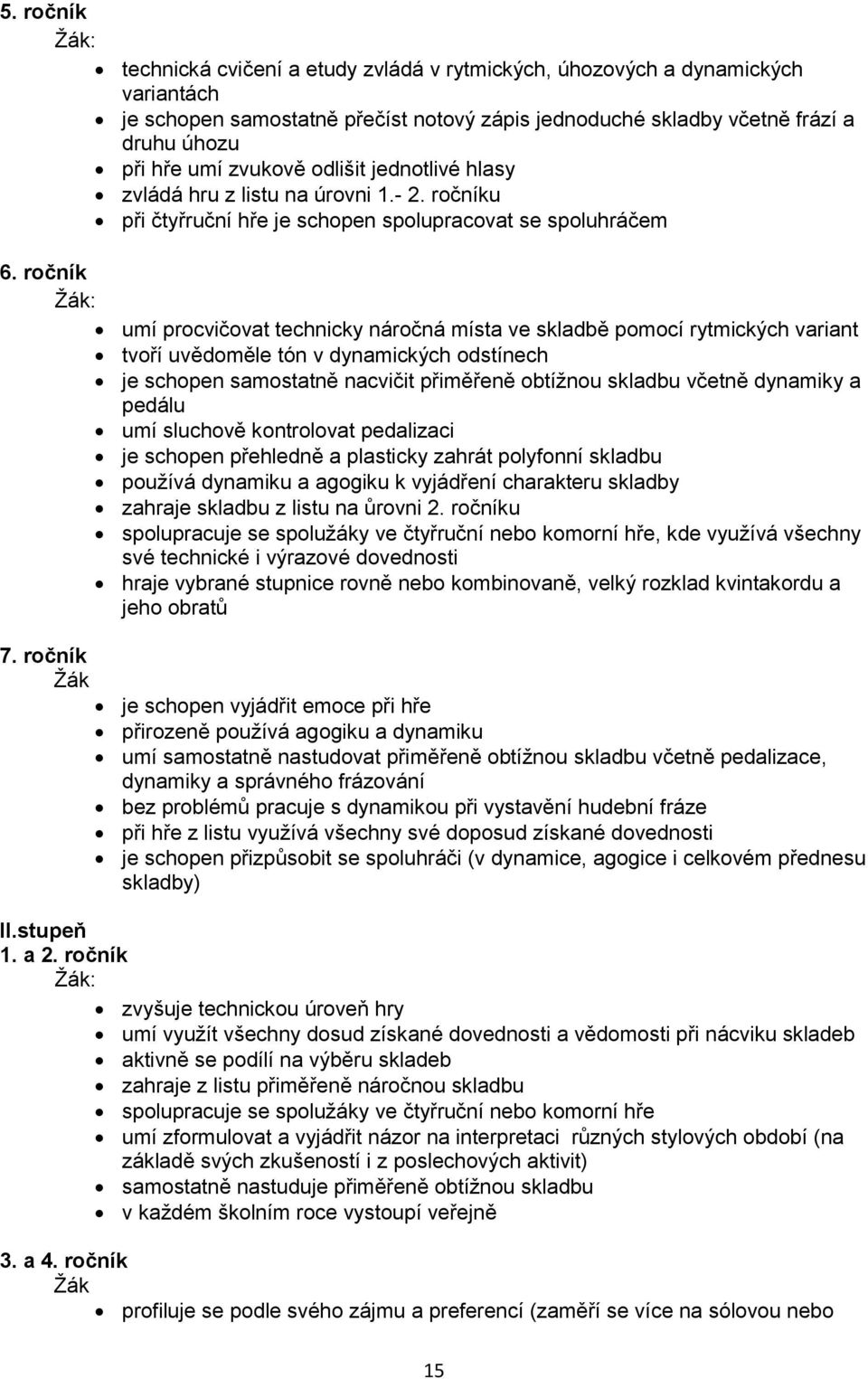 ročník umí procvičovat technicky náročná místa ve skladbě pomocí rytmických variant tvoří uvědoměle tón v dynamických odstínech je schopen samostatně nacvičit přiměřeně obtížnou skladbu včetně