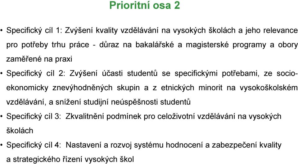 znevýhodněných skupin a z etnických minorit na vysokoškolském vzdělávání, a snížení studijní neúspěšnosti studentů Specifický cíl 3: Zkvalitnění