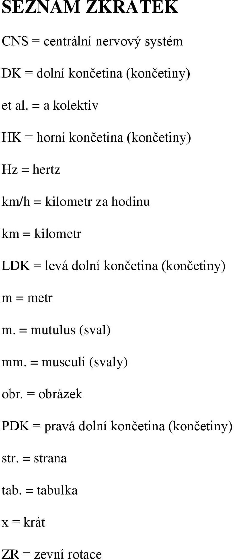 kilometr LDK = levá dolní končetina (končetiny) m = metr m. = mutulus (sval) mm.