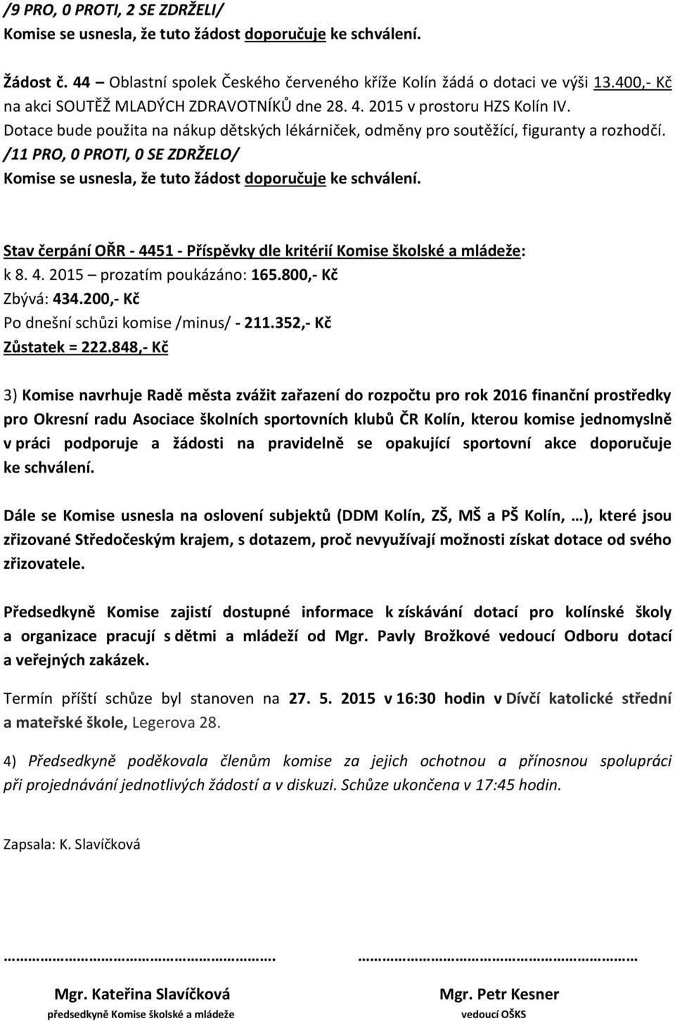 800,- Kč Zbývá: 434.200,- Kč Po dnešní schůzi komise /minus/ - 211.352,- Kč Zůstatek = 222.