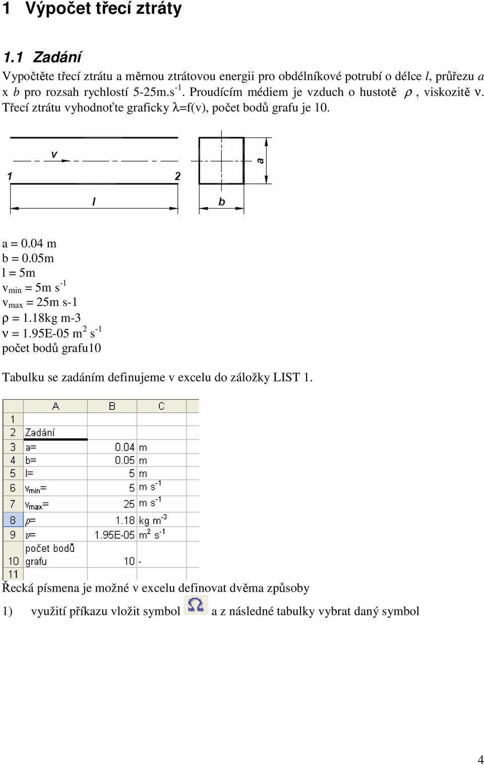 Prouícím méiem je zuch o hutotě ρ, ikozitě ν. Třecí ztrátu yhonoťte raficky λ=f(), počet boů rafu je 10. a = 0.04 m b = 0.