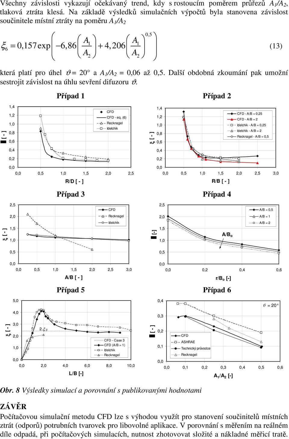 Další obdobná zkoumání pak umožní sestrojit závislost na úhlu sevření difuzoru ϑ. Případ 1 Případ 0,5 (13) [ - ] 1,4 1, 0,8 0,6 CFD CFD - eq.