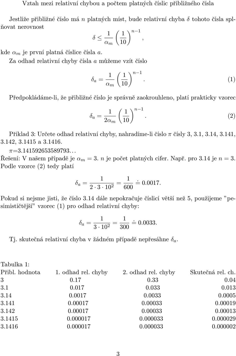 (2) 2α m 0 Příklad : Určete odhad relativní chyby, nahradíme-li číslo π čísly,.,.4,.4,.42,.45 a.46. π=.45926558979... V našem případě je α m =. n je počet platných cifer. Např. pro.4 je n =.