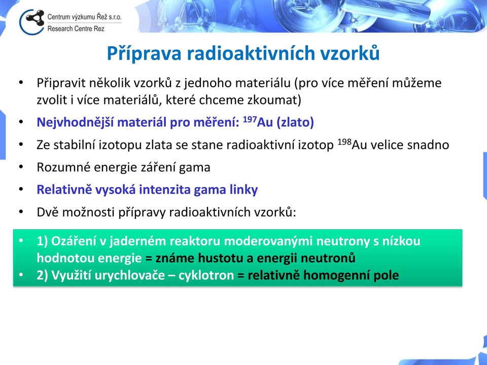 Rozumné energie záření gama Relativně vysoká intenzita gama linky Dvě možnosti přípravy radioaktivních vzorků: 1) Ozáření v jaderném