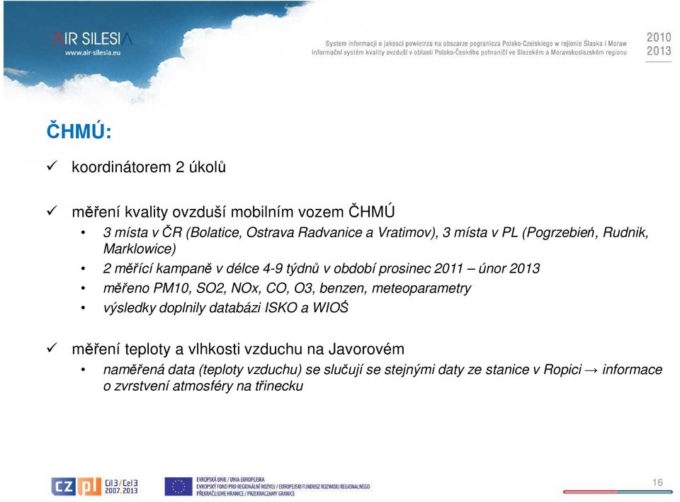 SO2, NOx, CO, O3, benzen, meteoparametry výsledky doplnily databázi ISKO a WIOŚ měření teploty a vlhkosti vzduchu na Javorovém