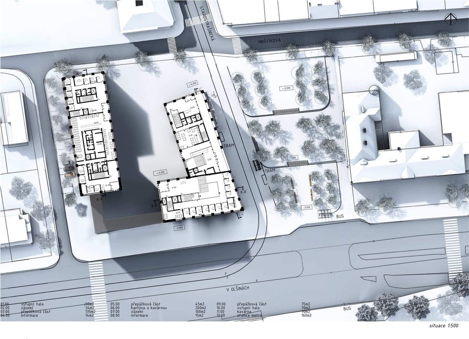 00 přepážková část 135m2 04.00 informace 14m2 05.00 přepážková část 45m2 06.00 kantýna a kavárnou 200m2 07.